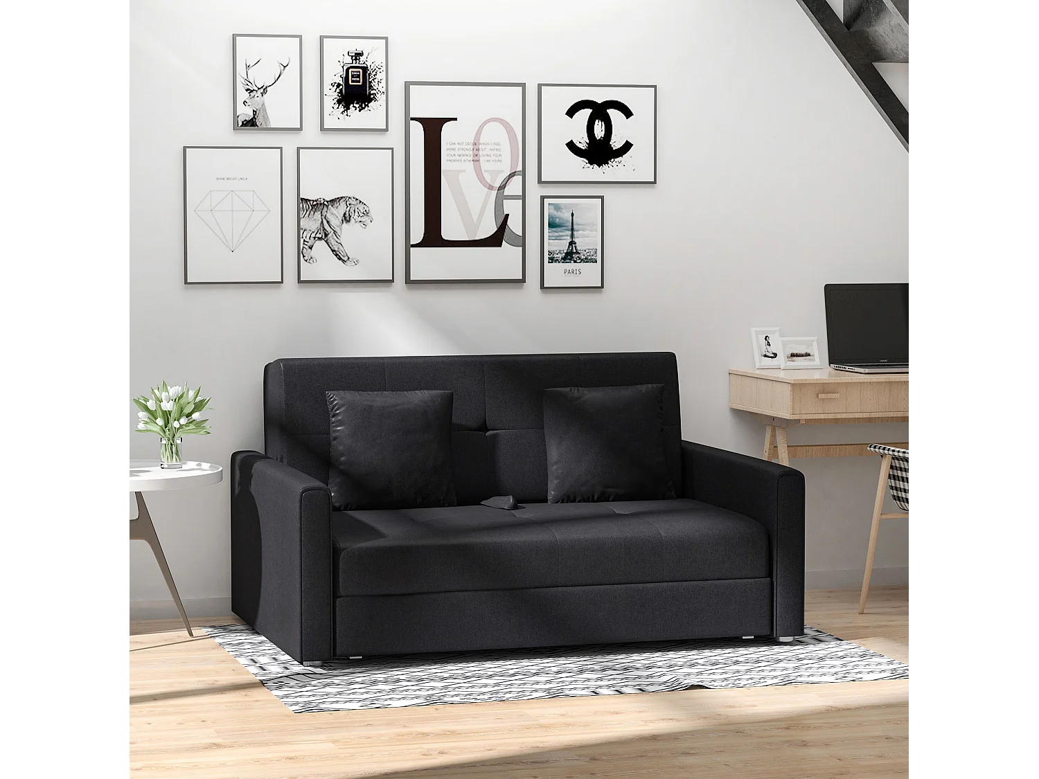 Canapé convertible 2 places canapé-lit clic clac 2 coussins inclus coffre de rangement intégré tissu anthracite