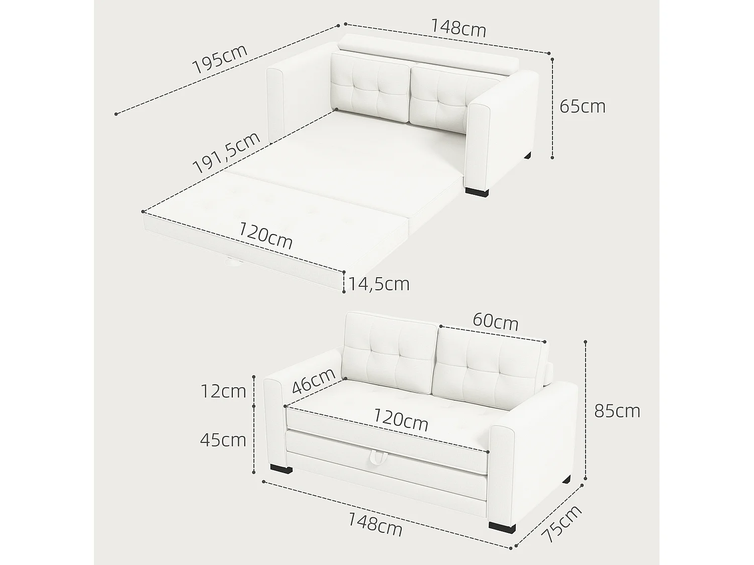 Canapé convertible 2 places design contemporain assise dossier capitonnés polyester aspect lin blanc cassé