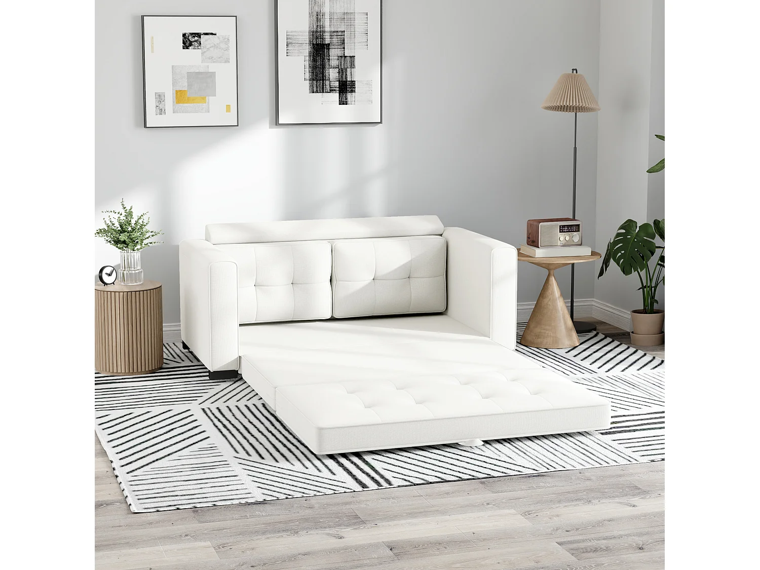 Canapé convertible 2 places design contemporain assise dossier capitonnés polyester aspect lin blanc cassé