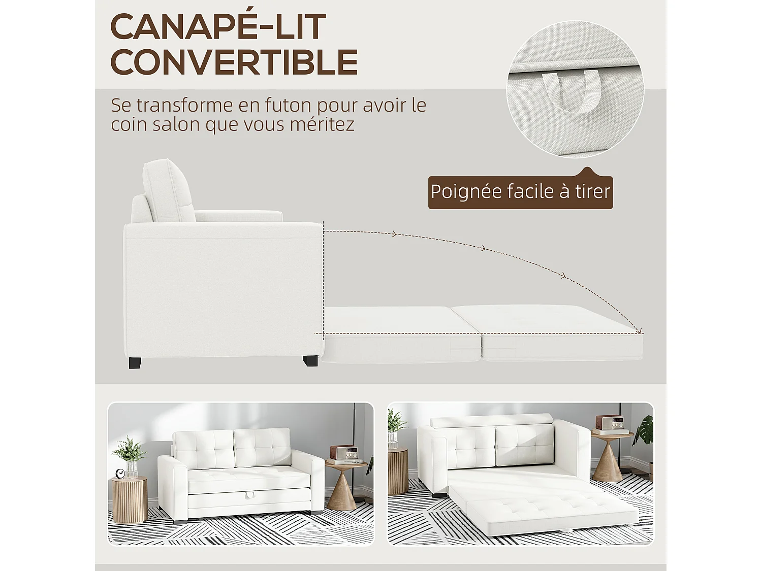 Canapé convertible 2 places design contemporain assise dossier capitonnés polyester aspect lin blanc cassé