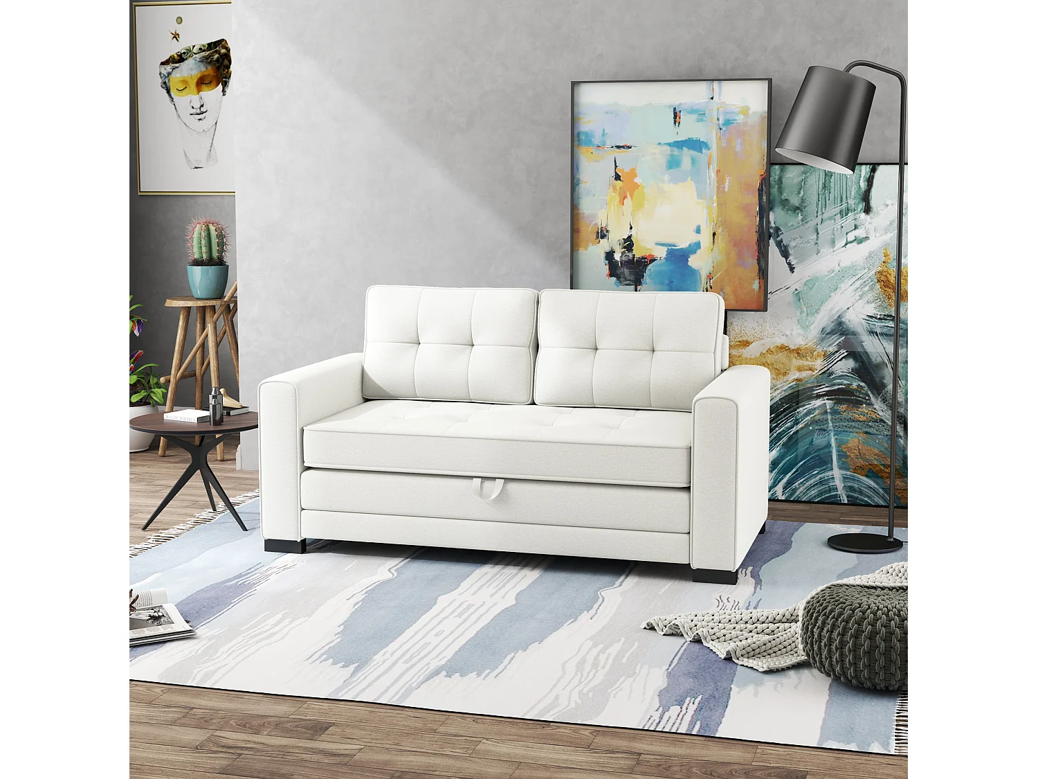 Canapé convertible 2 places design contemporain assise dossier capitonnés polyester aspect lin blanc cassé