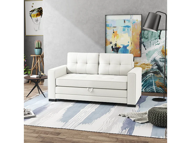 Canapé convertible 2 places design contemporain assise dossier capitonnés polyester aspect lin blanc cassé