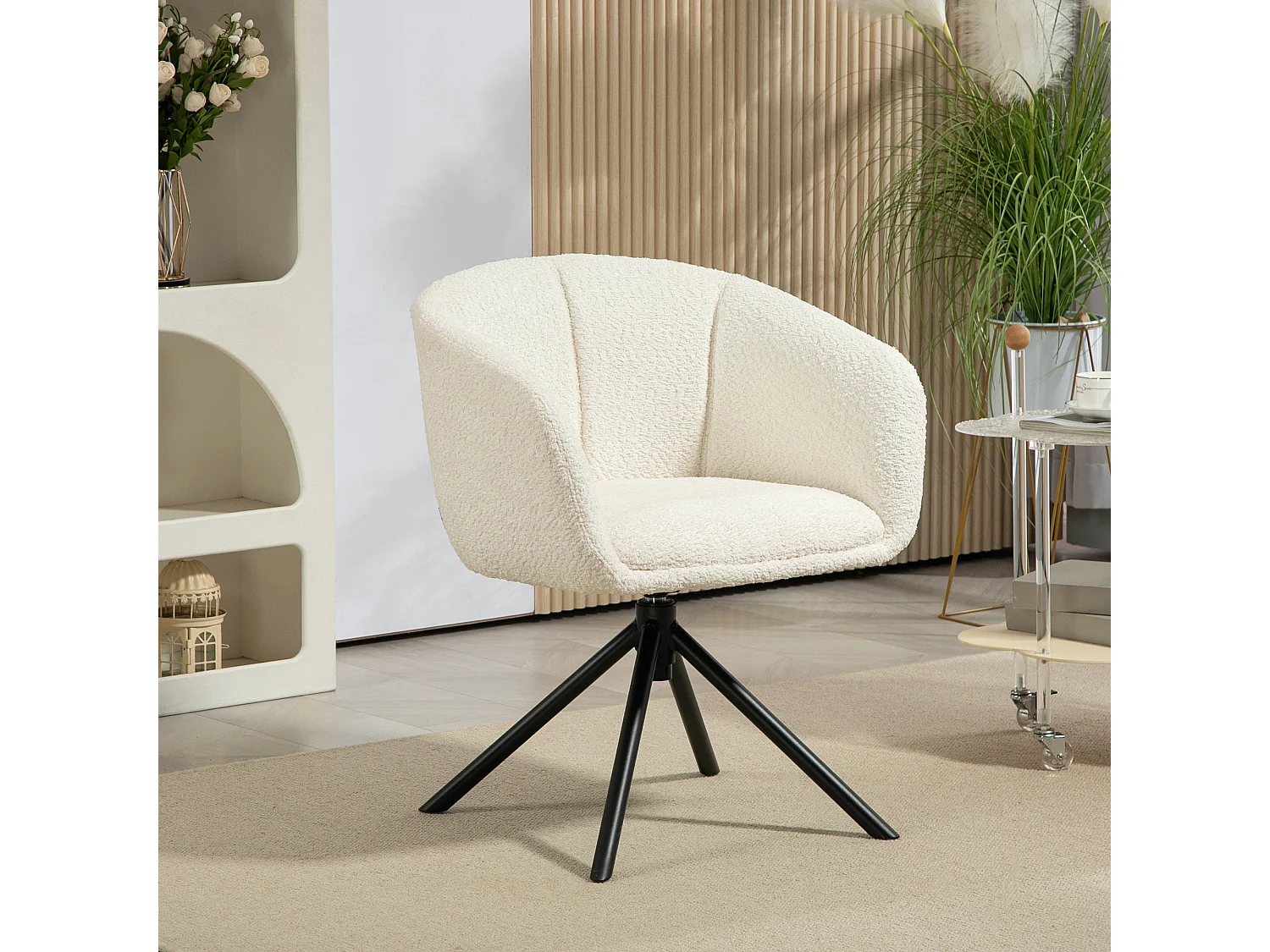 Chaise de salle à manger pivotante design effet laine bouclée crème piètement croisé métal noir