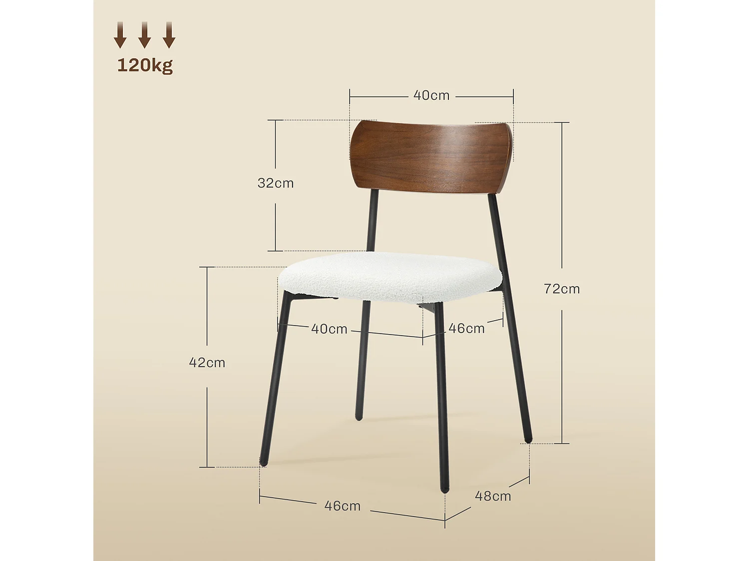 Lot de 2 chaises style vintage piètement structure métal noir dossier aspect bois assise effet laine bouclée blanc crème