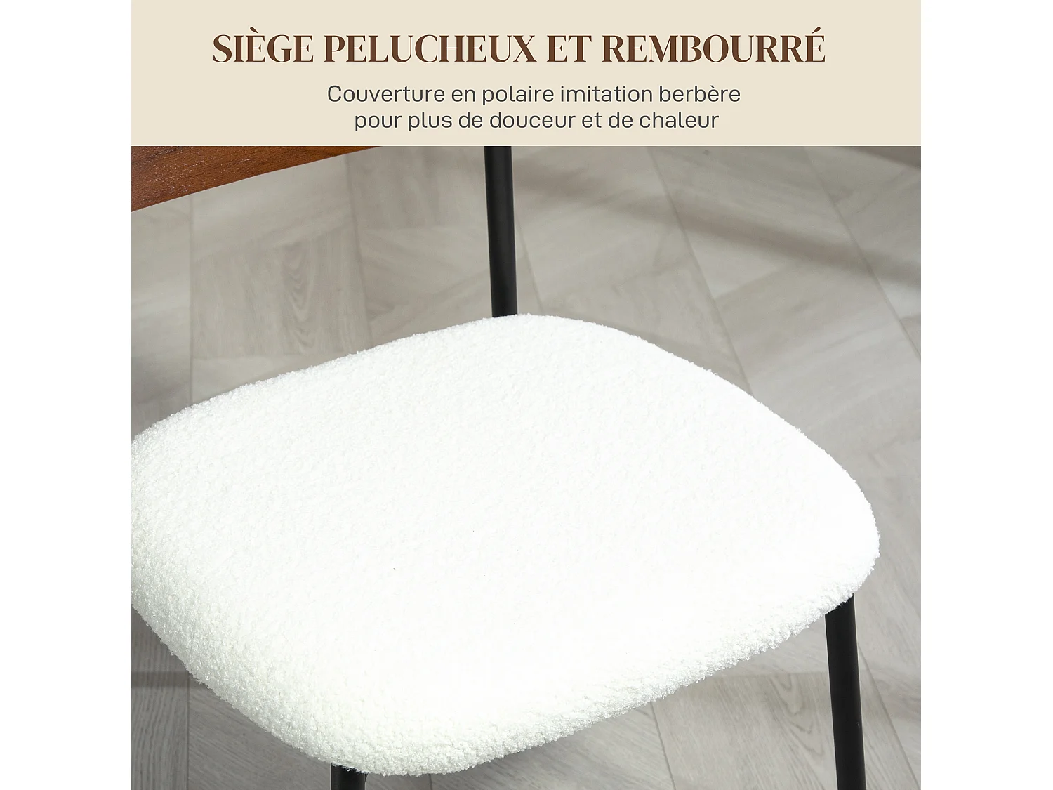 Lot de 2 chaises style vintage piètement structure métal noir dossier aspect bois assise effet laine bouclée blanc crème