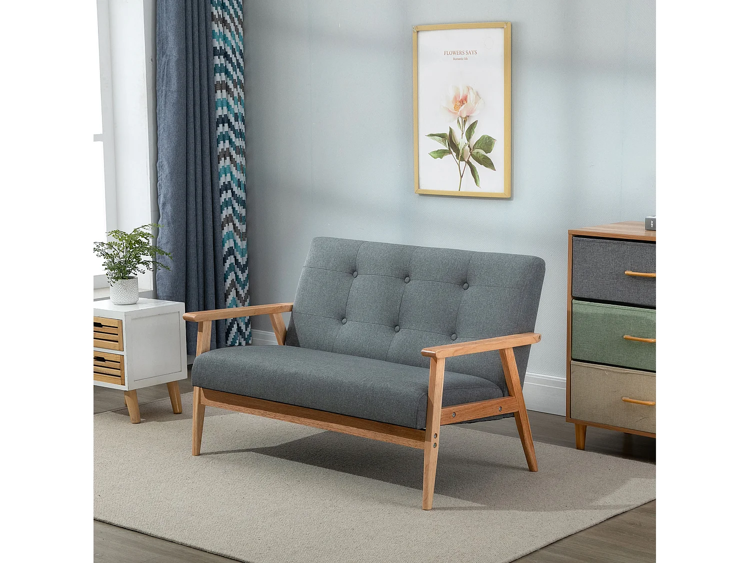 Canapé 2 places style scandinave dim. 115l x 66,5P x 73H cm bois tissu gris