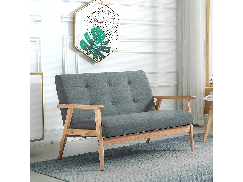 Canapé 2 places style scandinave dim. 115l x 66,5P x 73H cm bois tissu gris