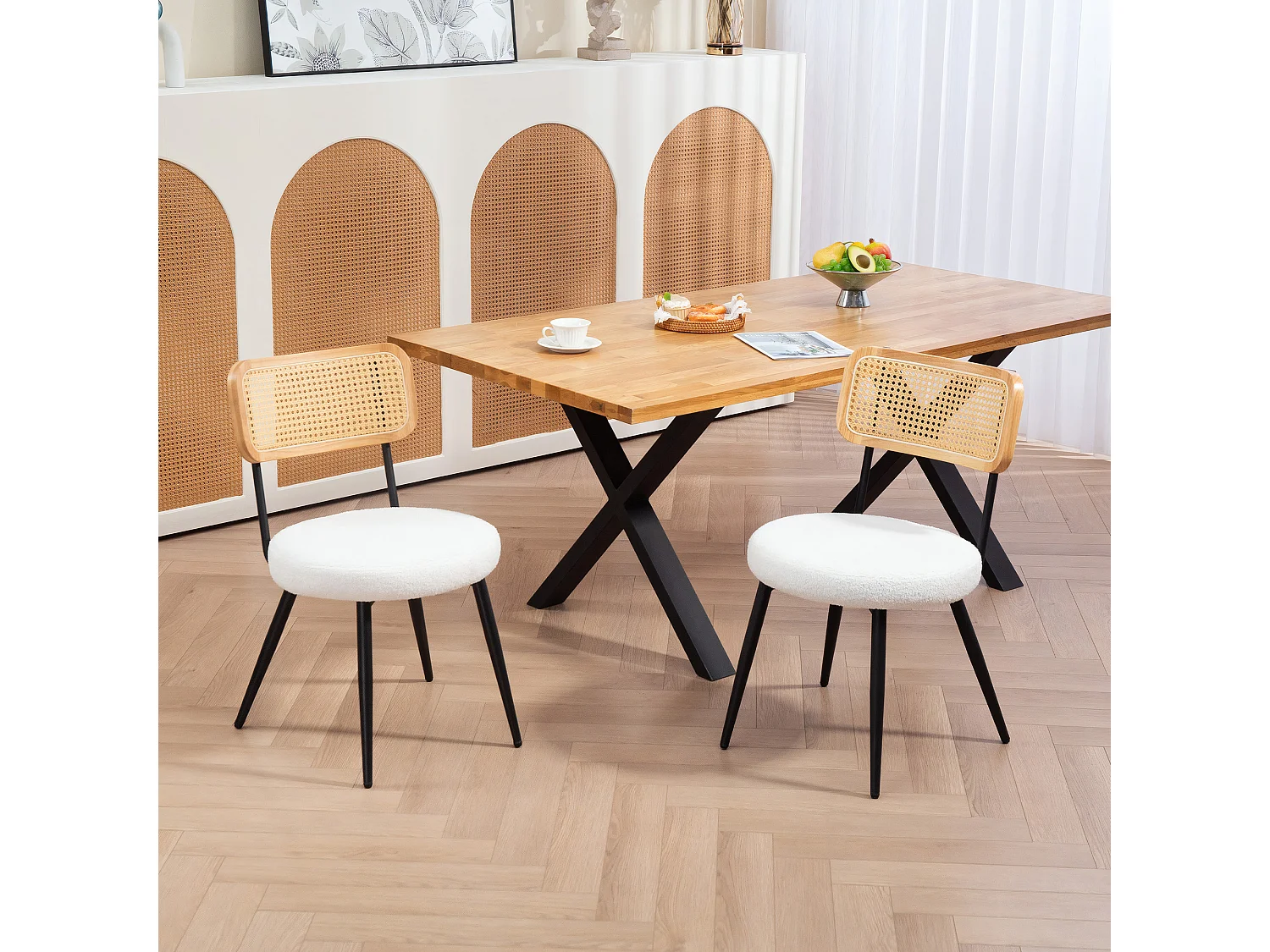 Lot de 2 chaises design assise ronde effet laine bouclée métal noir aspect bois rotin