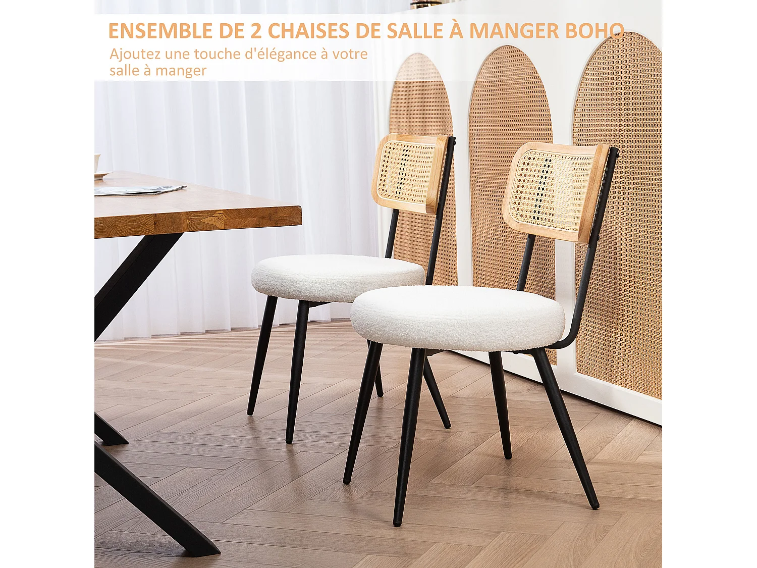 Lot de 2 chaises design assise ronde effet laine bouclée métal noir aspect bois rotin