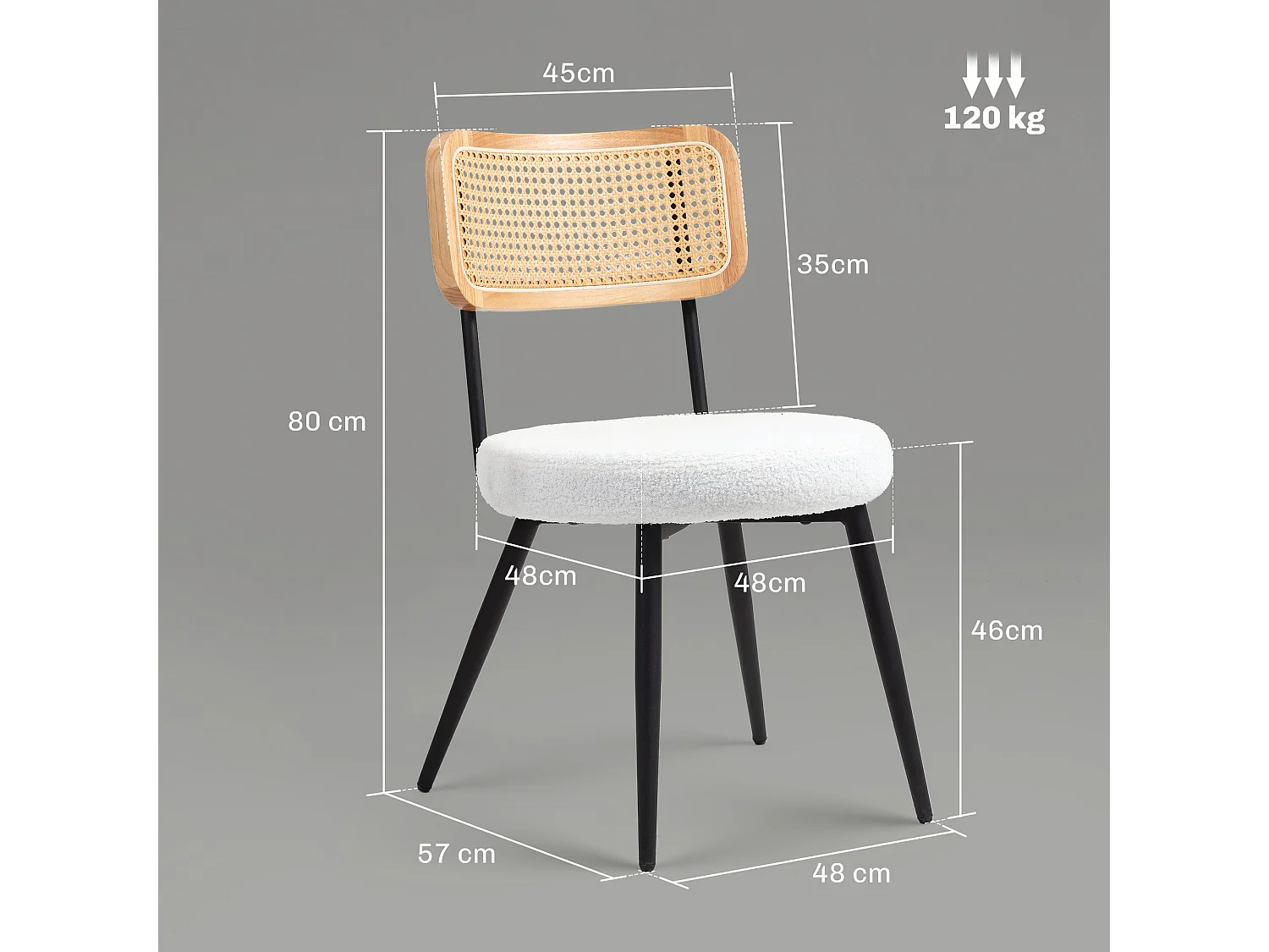 Lot de 2 chaises design assise ronde effet laine bouclée métal noir aspect bois rotin