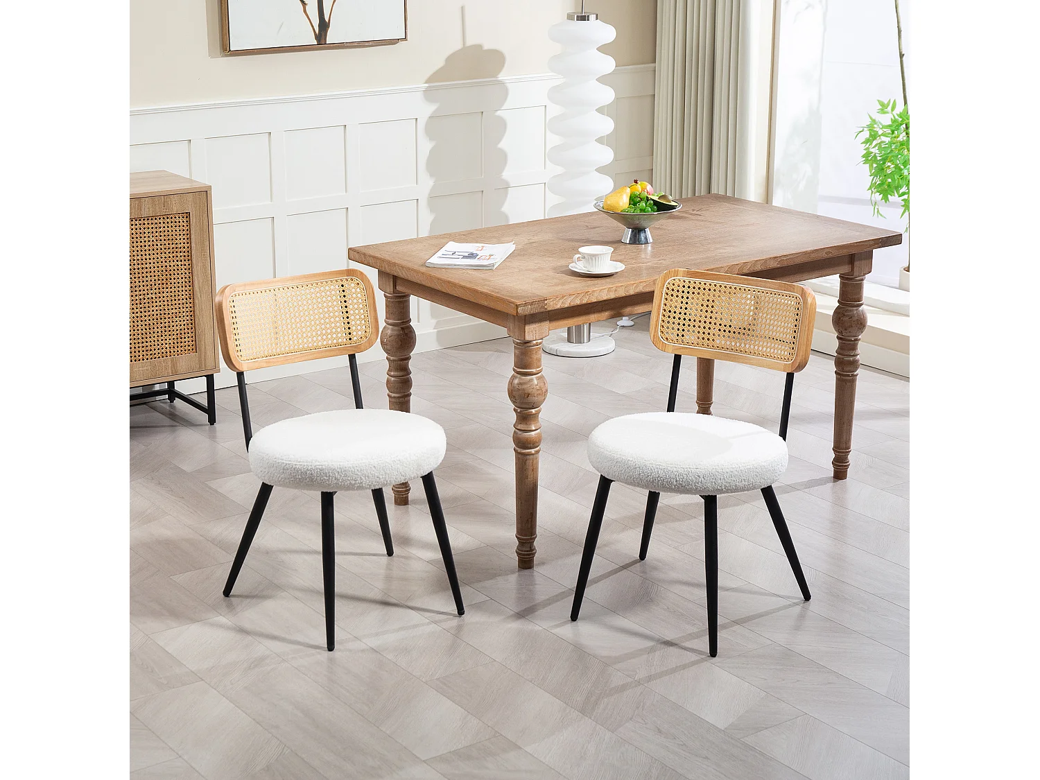 Lot de 2 chaises design assise ronde effet laine bouclée métal noir aspect bois rotin