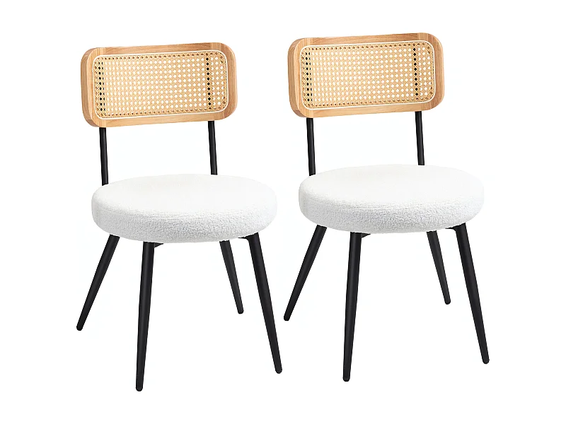 Lot de 2 chaises design assise ronde effet laine bouclée métal noir aspect bois rotin