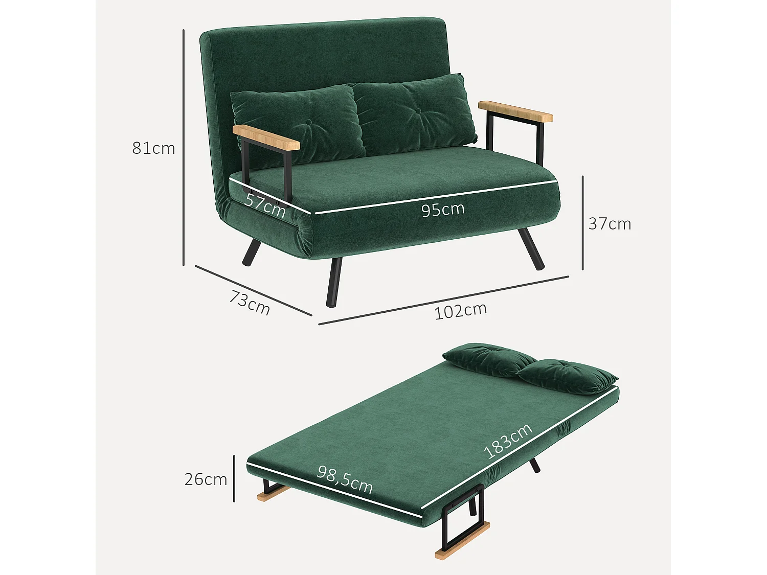 Canapé convertible 2 places canapé-lit dossier réglable 5 niv. 2 coussins revêtement effet velours vert sapin