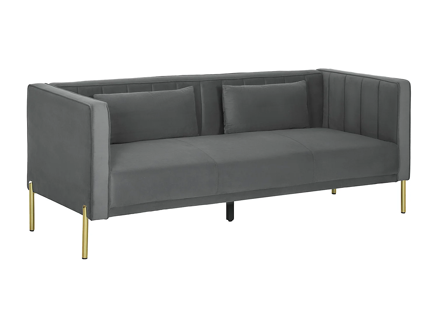 Canapé 3 places design contemporain - 2 coussins inclus - piètement circulaire métal doré velours gris