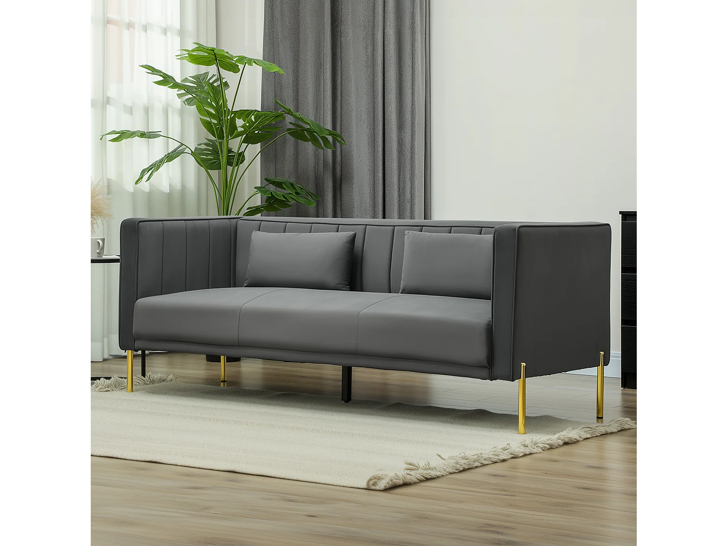 Canapé 3 places design contemporain - 2 coussins inclus - piètement circulaire métal doré velours gris