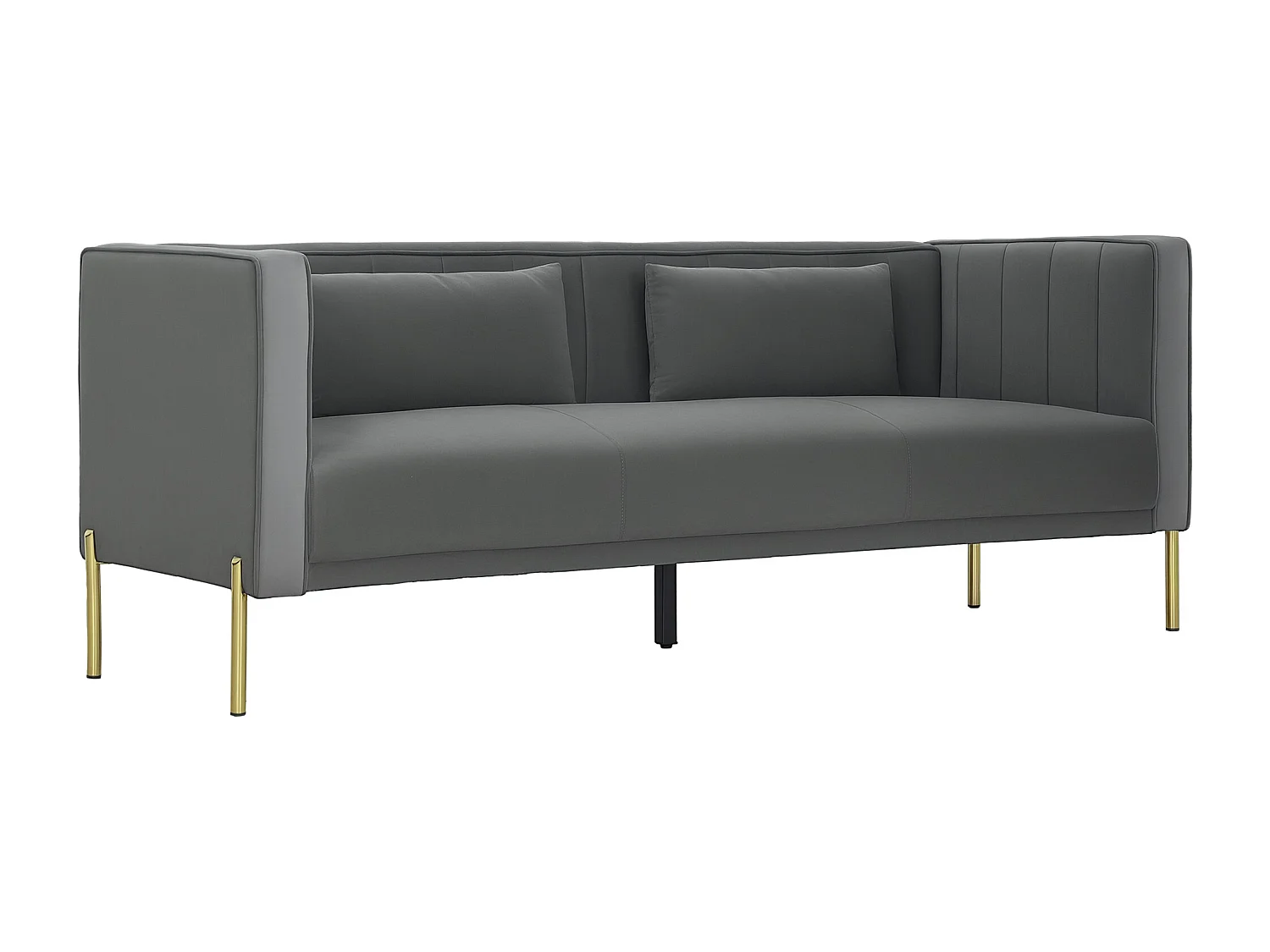 Canapé 3 places design contemporain - 2 coussins inclus - piètement circulaire métal doré velours gris