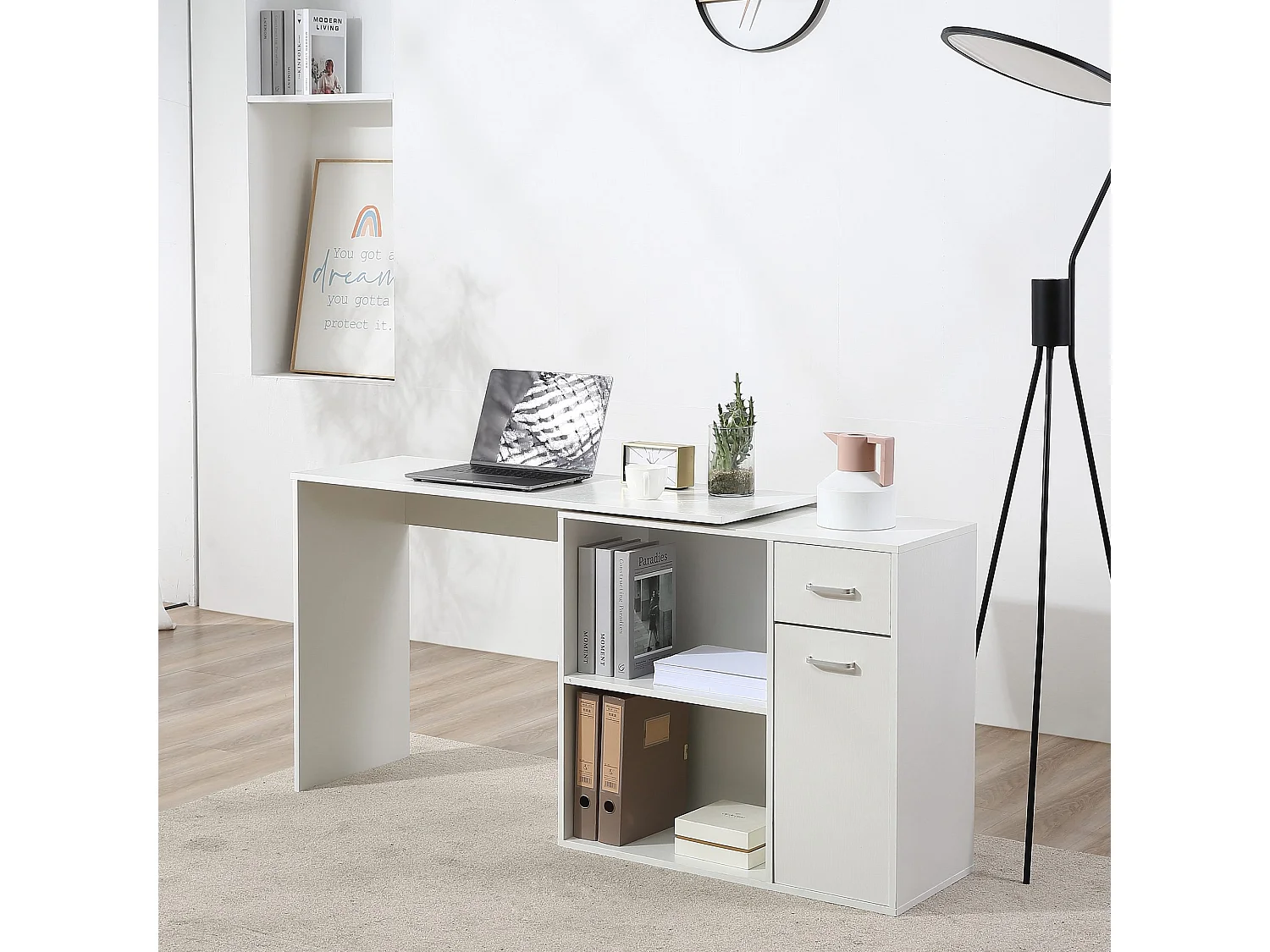 Bureau d'angle ou droit modulable bibliothèque tiroir une porte blanc