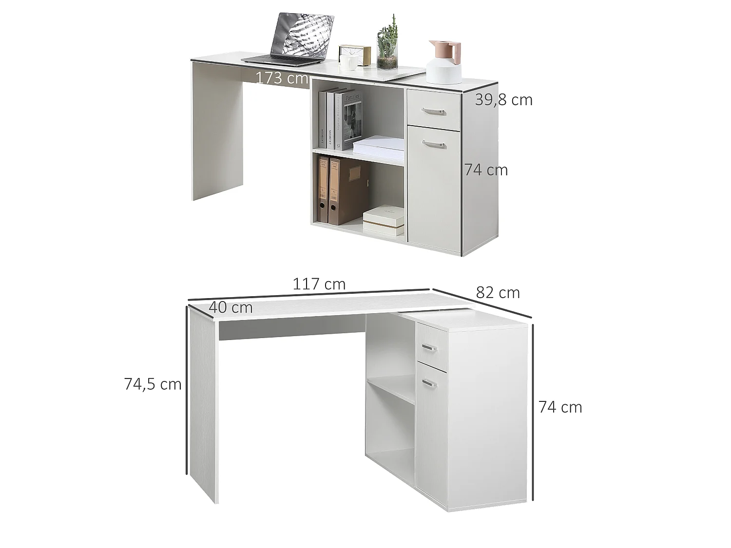 Bureau d'angle ou droit modulable bibliothèque tiroir une porte blanc