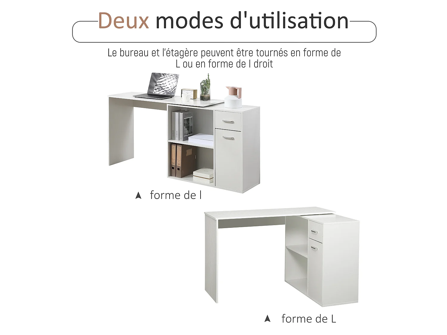 Bureau d'angle ou droit modulable bibliothèque tiroir une porte blanc