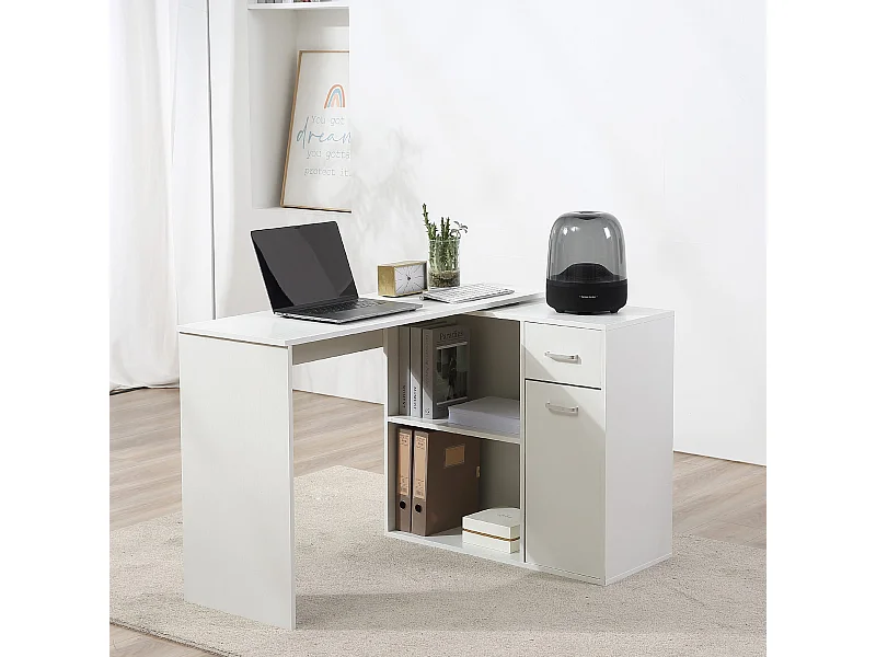 Bureau d'angle ou droit modulable bibliothèque tiroir une porte blanc