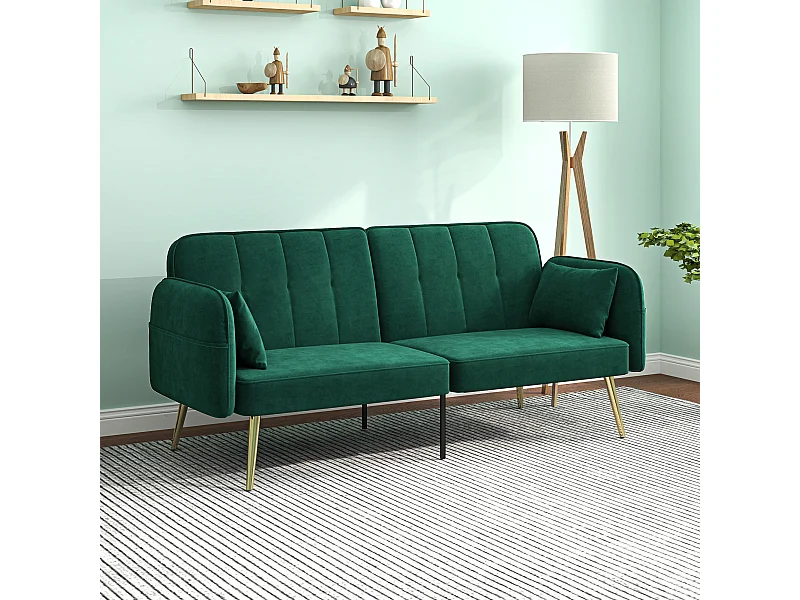 Canapé convertible 2 places style Art déco 2 coussins inclus piètement effilé métal doré velours vert emeraude