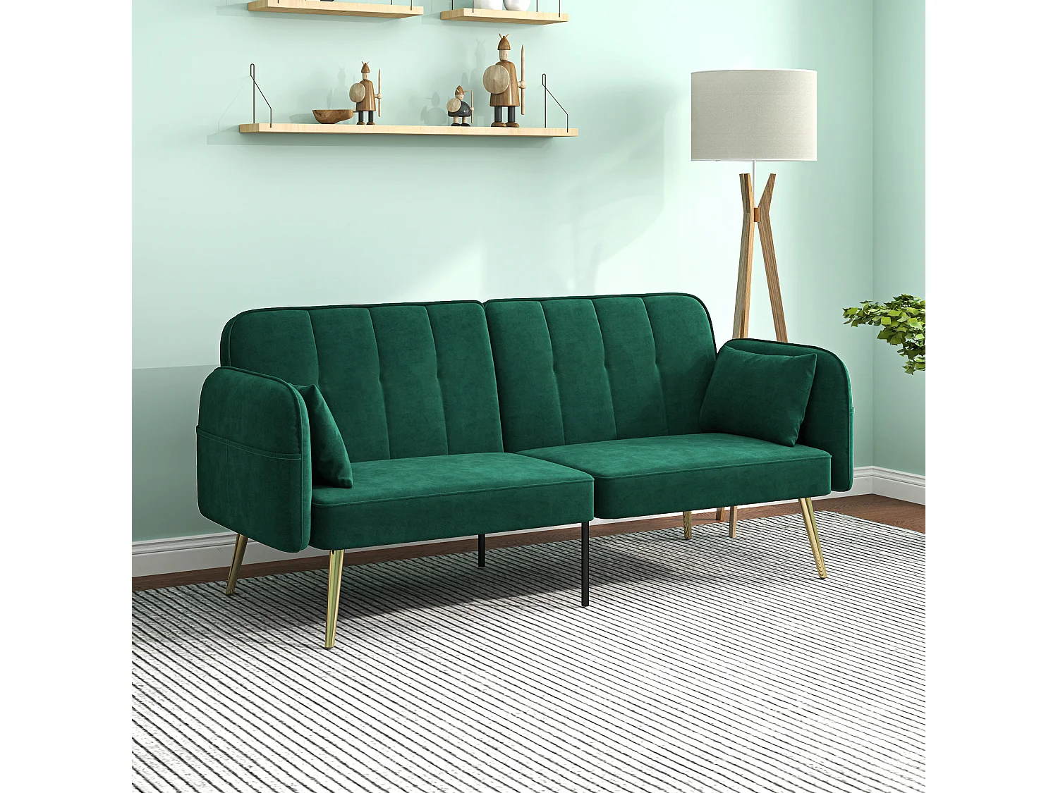 Canapé convertible 2 places style Art déco 2 coussins inclus piètement effilé métal doré velours vert emeraude