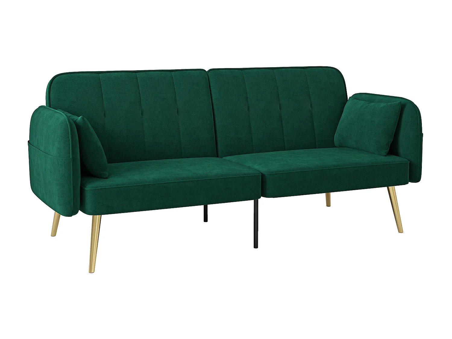 Canapé convertible 2 places style Art déco 2 coussins inclus piètement effilé métal doré velours vert emeraude