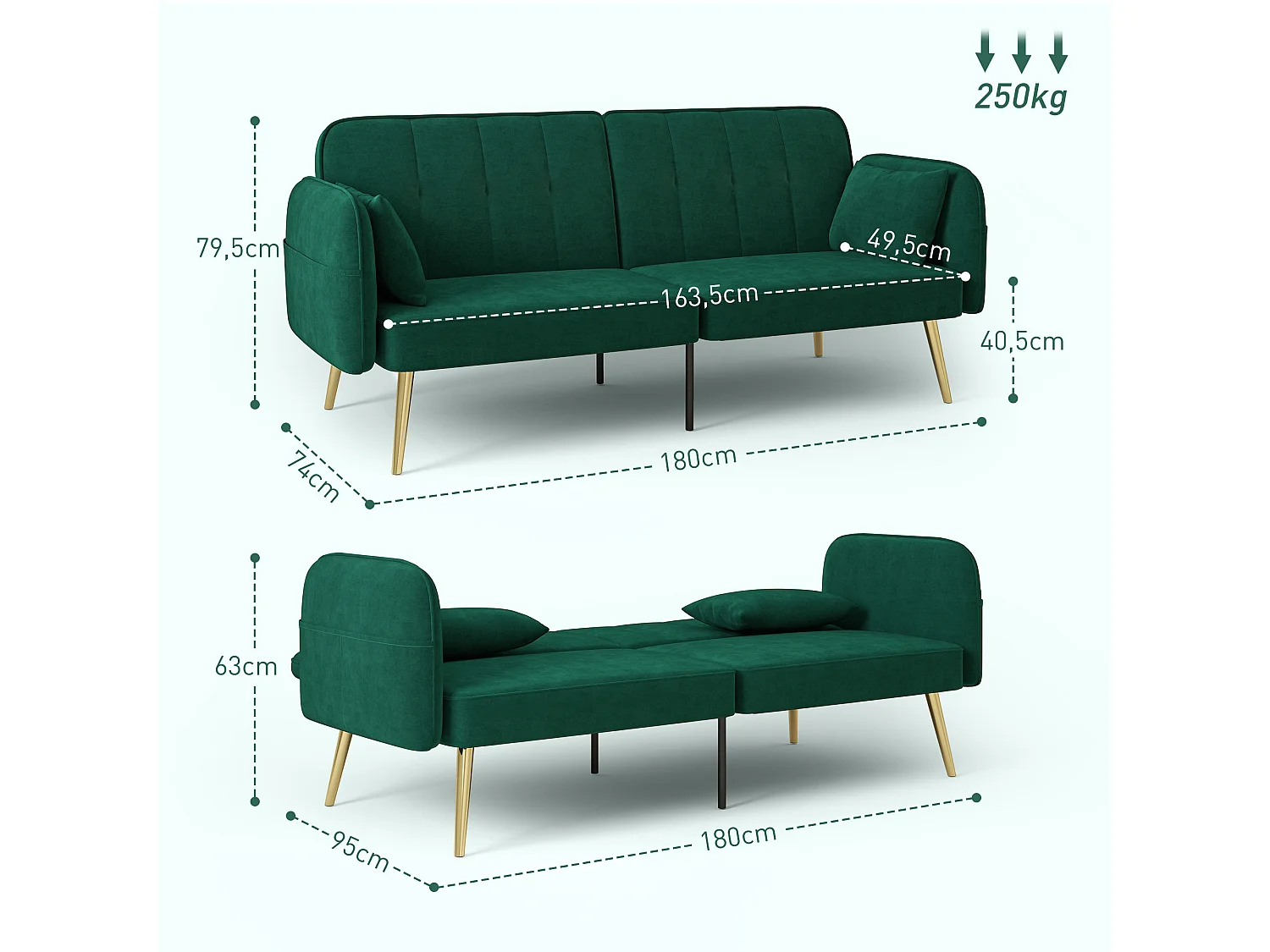 Canapé convertible 2 places style Art déco 2 coussins inclus piètement effilé métal doré velours vert emeraude