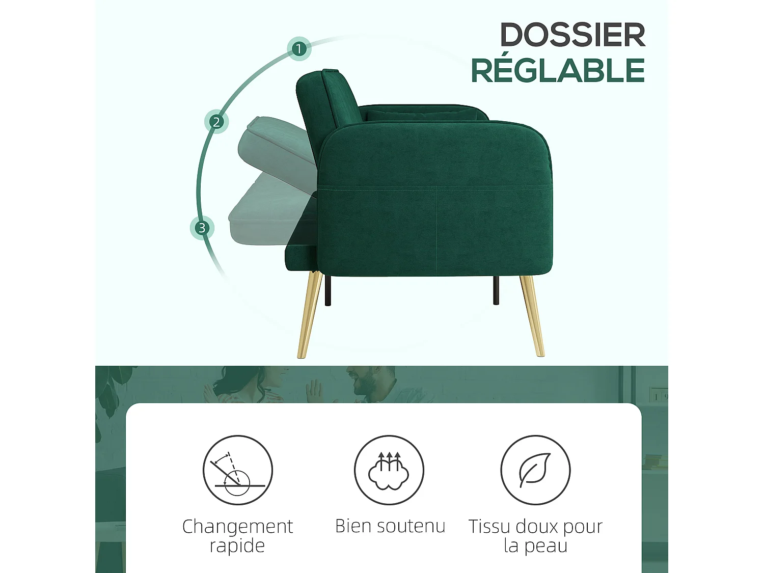 Canapé convertible 2 places style Art déco 2 coussins inclus piètement effilé métal doré velours vert emeraude