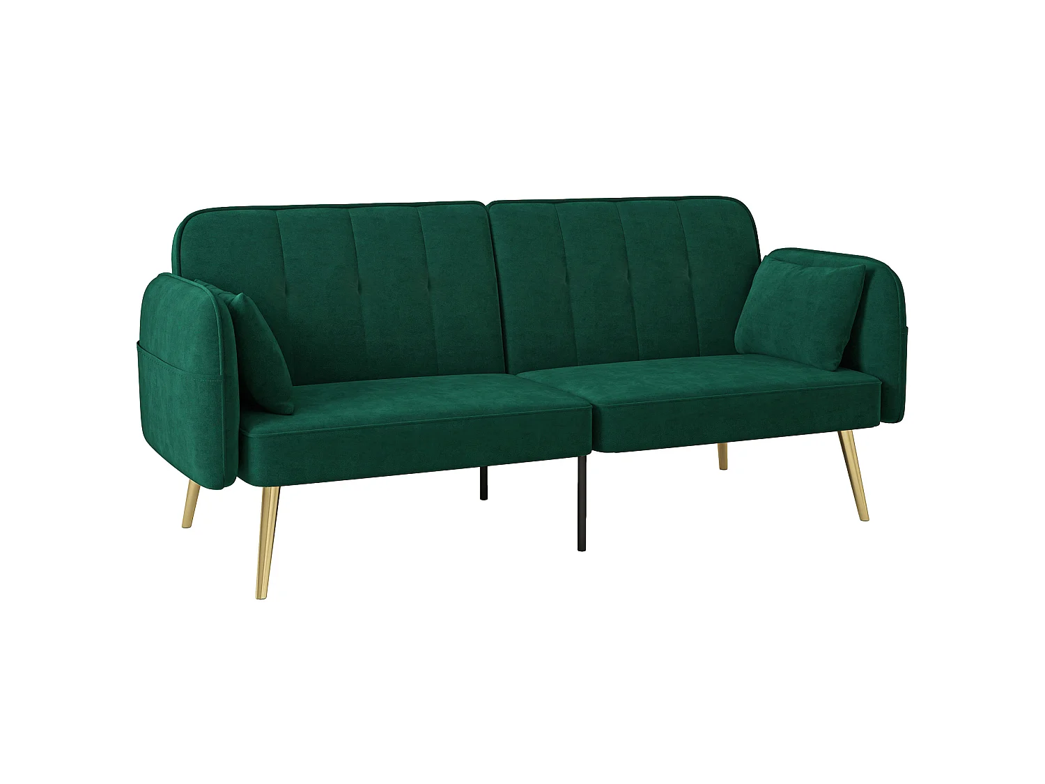 Canapé convertible 2 places style Art déco 2 coussins inclus piètement effilé métal doré velours vert emeraude