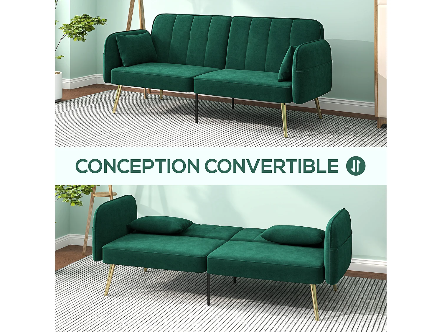 Canapé convertible 2 places style Art déco 2 coussins inclus piètement effilé métal doré velours vert emeraude