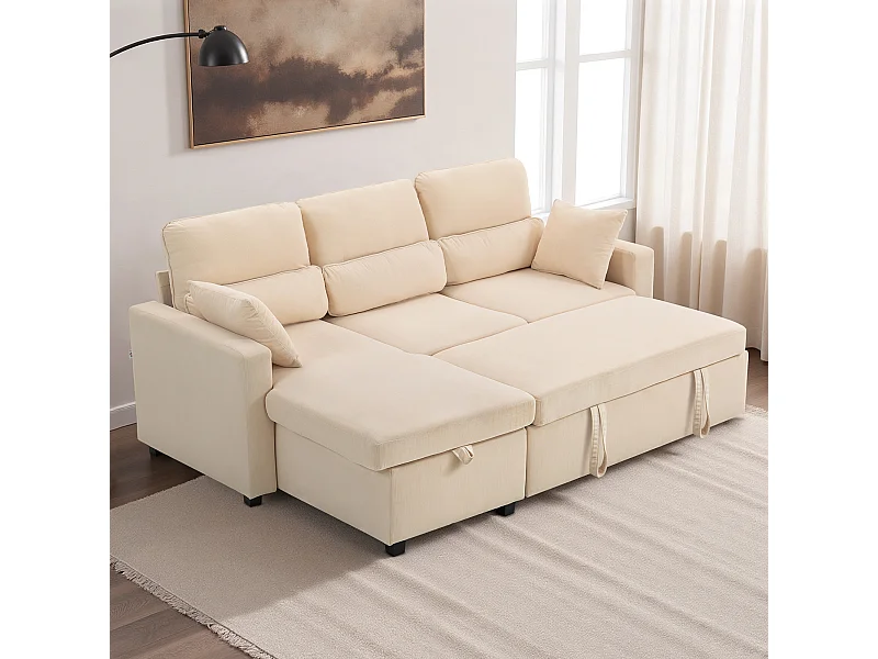 Canapé d'angle convertible velours côtelé avec coffre de rangement dim. 205x135x76cm beige