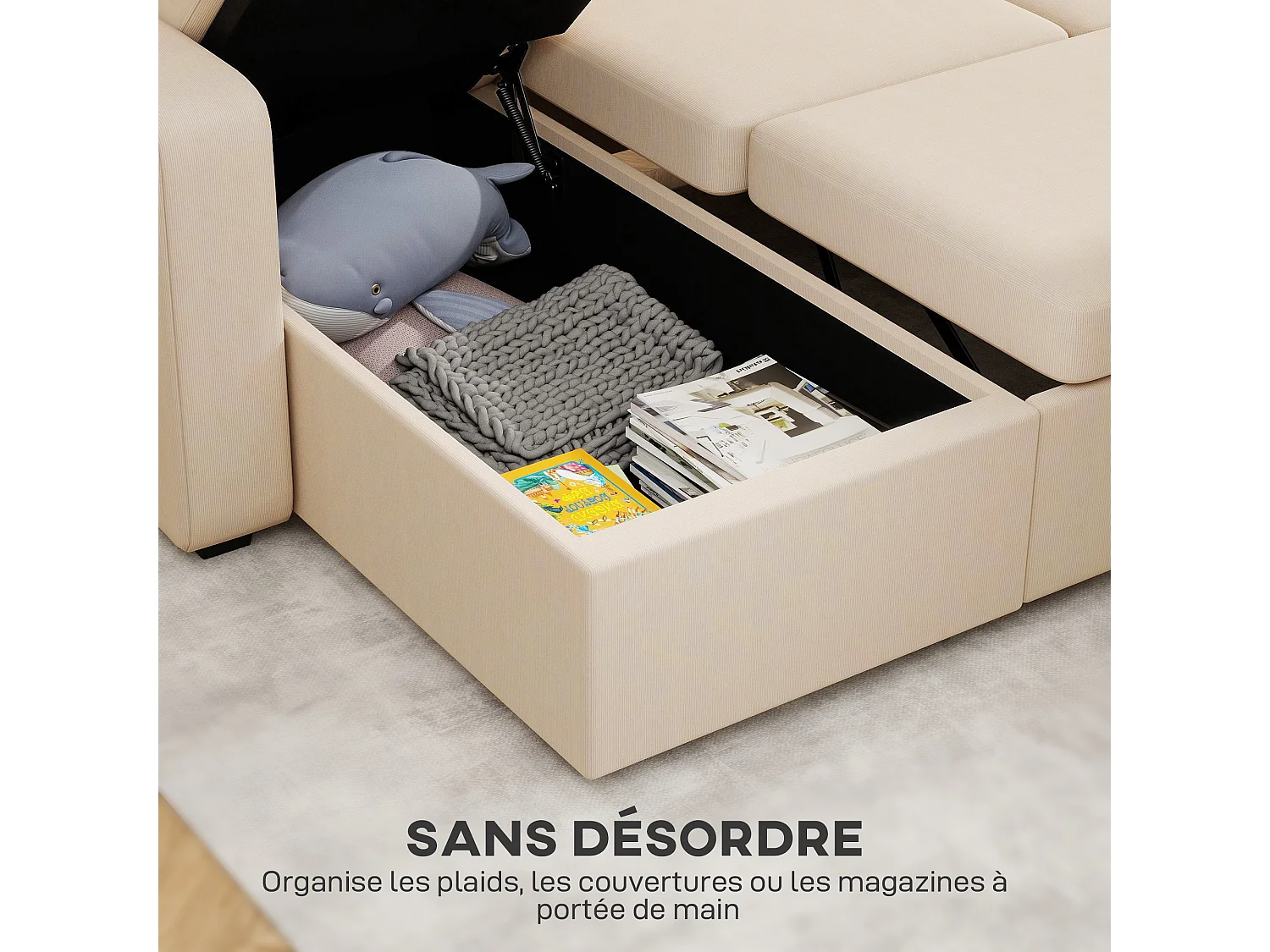 Canapé d'angle convertible 3 places avec coffre en velours beige