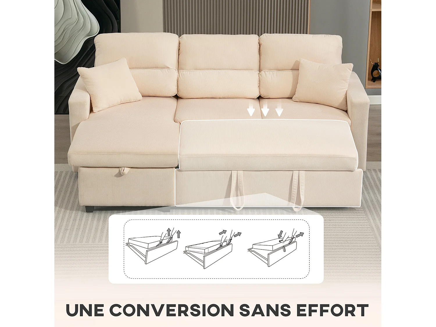 Canapé d'angle convertible 3 places avec coffre en velours beige