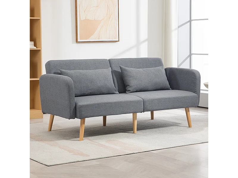 Canapé convertible 3 places design scandinave - dossier inclinable, accoudoirs réglables - 2 coussins déco - tissu gris