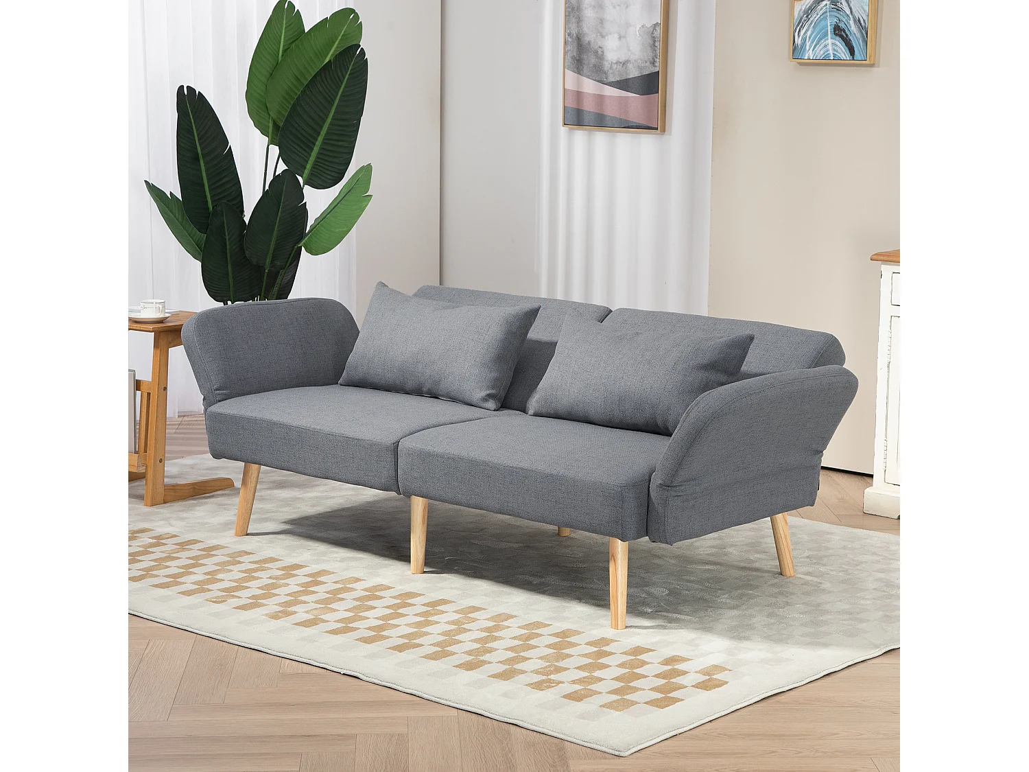 Canapé convertible 3 places design scandinave - dossier inclinable, accoudoirs réglables - 2 coussins déco - tissu gris