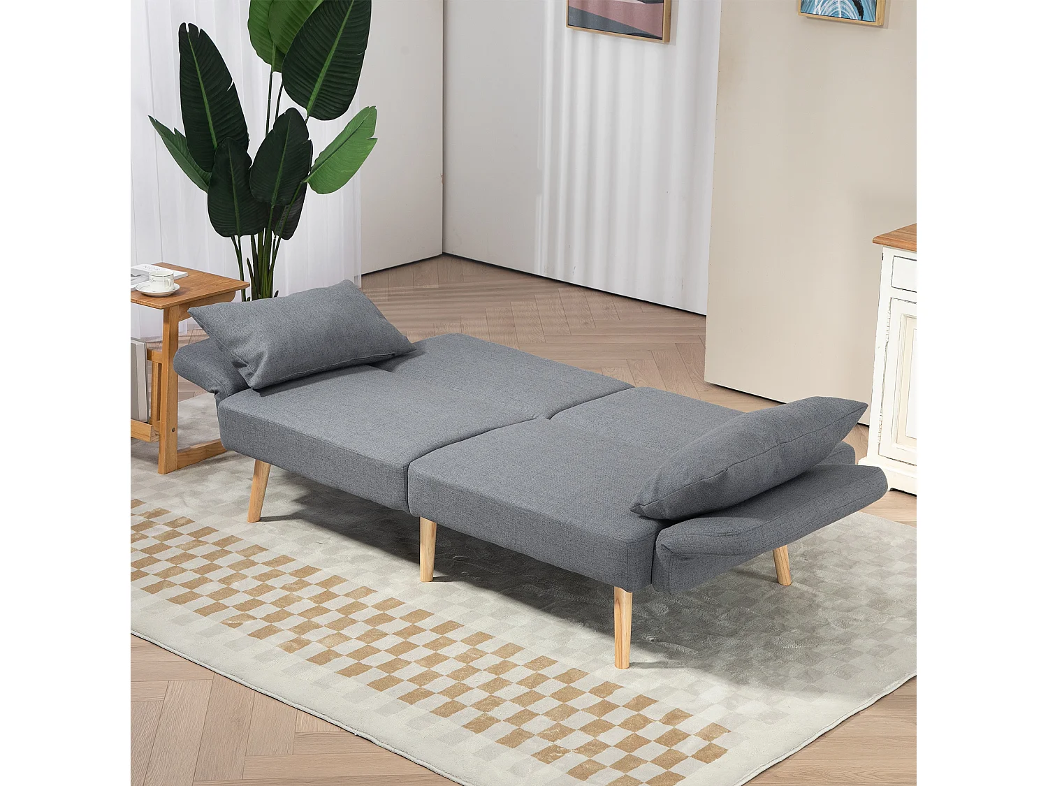 Canapé convertible 3 places design scandinave - dossier inclinable, accoudoirs réglables - 2 coussins déco - tissu gris