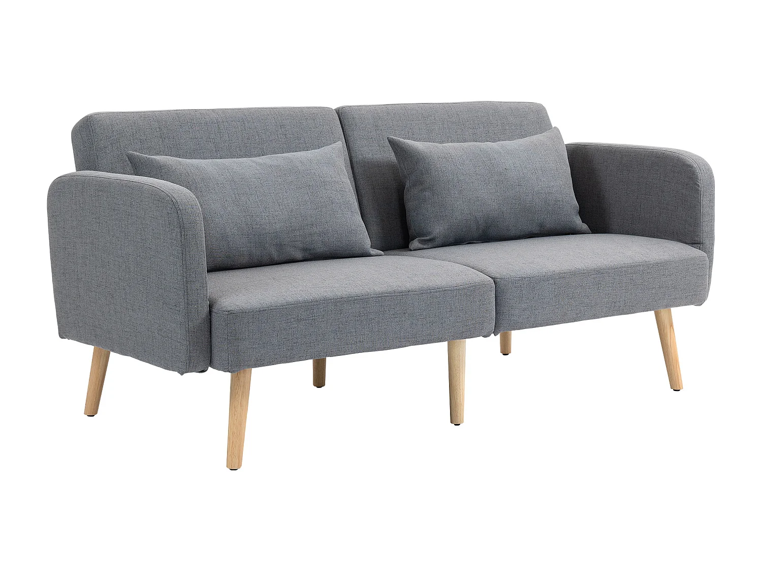 Canapé convertible 3 places design scandinave - dossier inclinable, accoudoirs réglables - 2 coussins déco - tissu gris