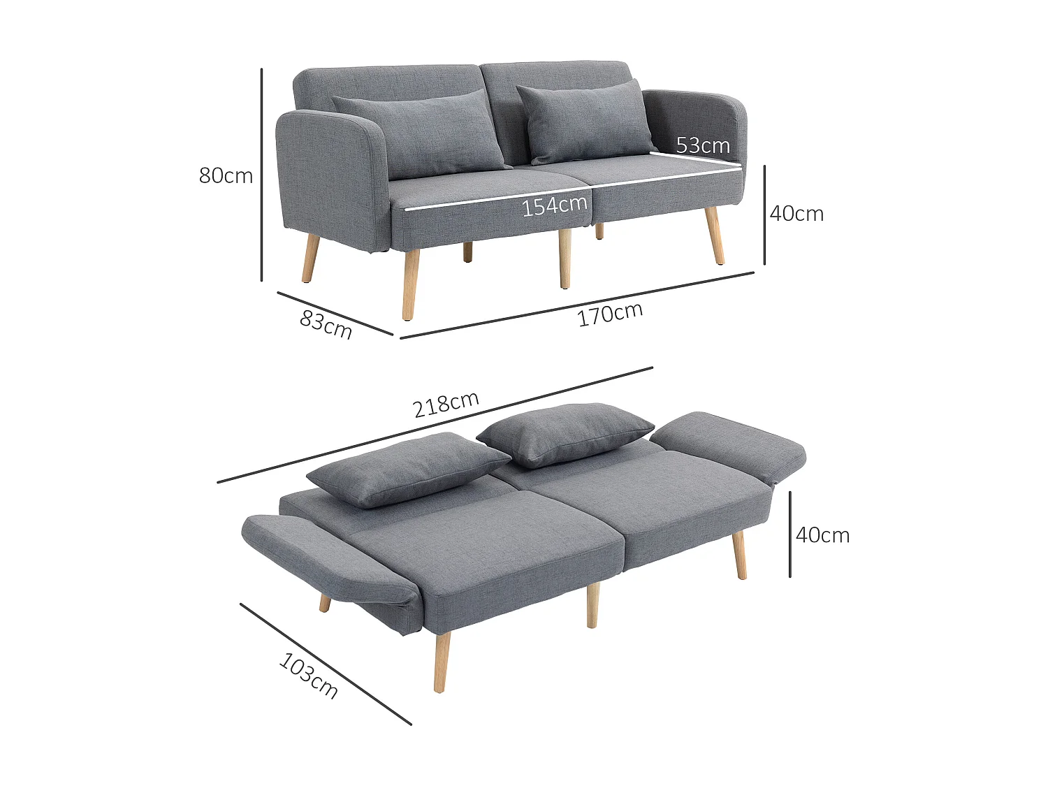 Canapé convertible 3 places design scandinave - dossier inclinable, accoudoirs réglables - 2 coussins déco - tissu gris