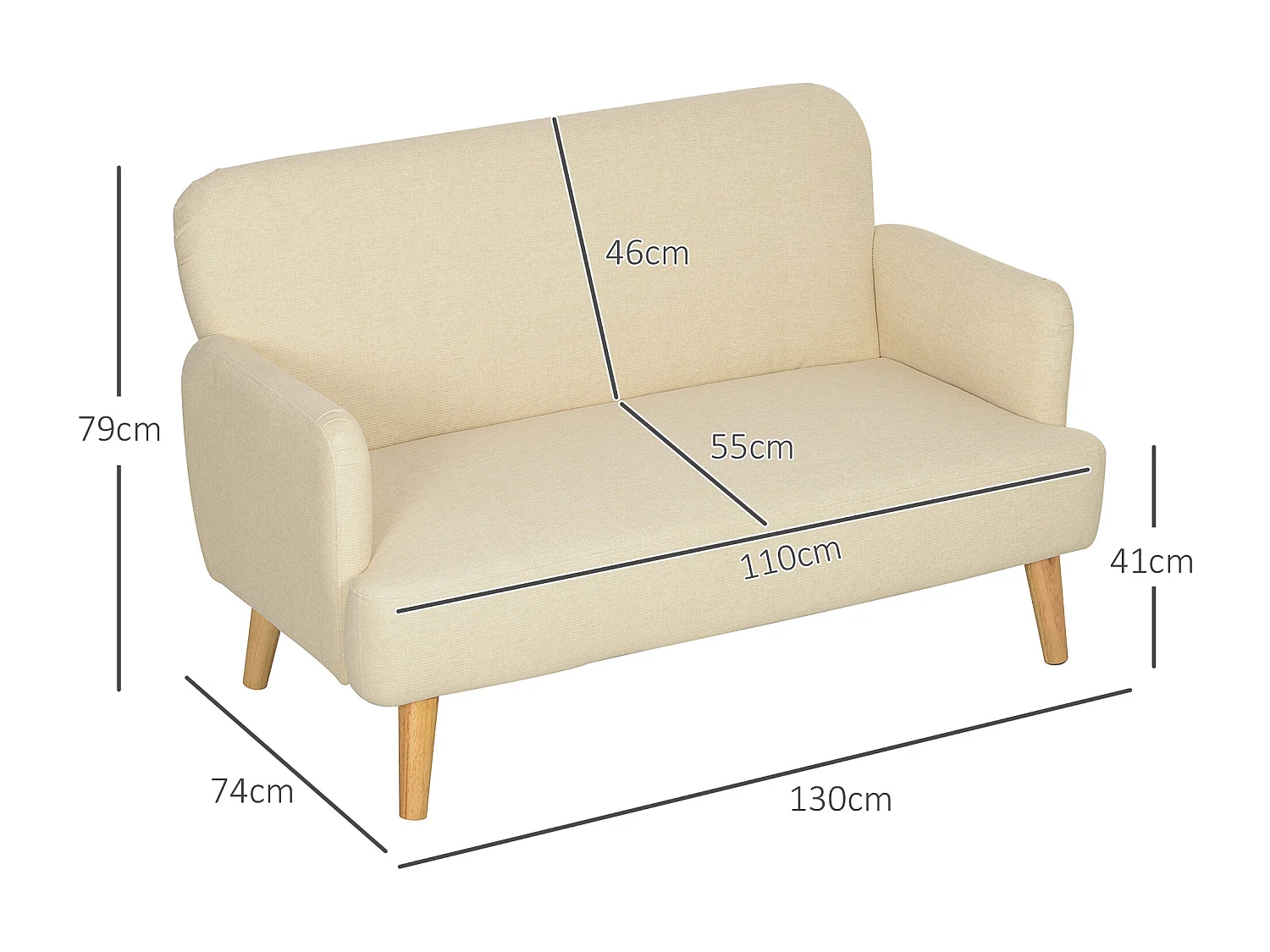 Canapé 2 places style scandinave - canapé droit fixe - piètement bois hévéa tissu beige