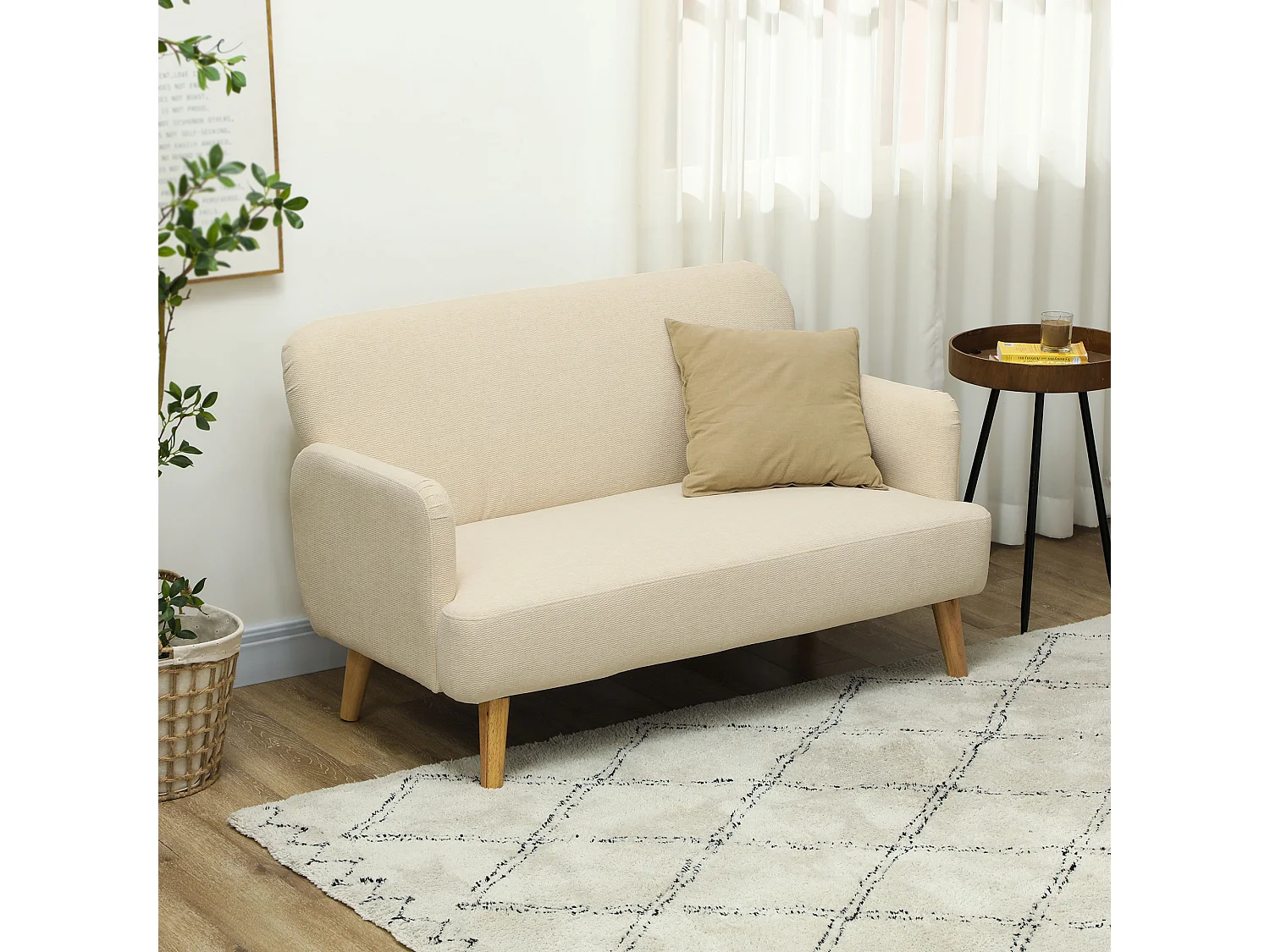 Canapé 2 places style scandinave - canapé droit fixe - piètement bois hévéa tissu beige