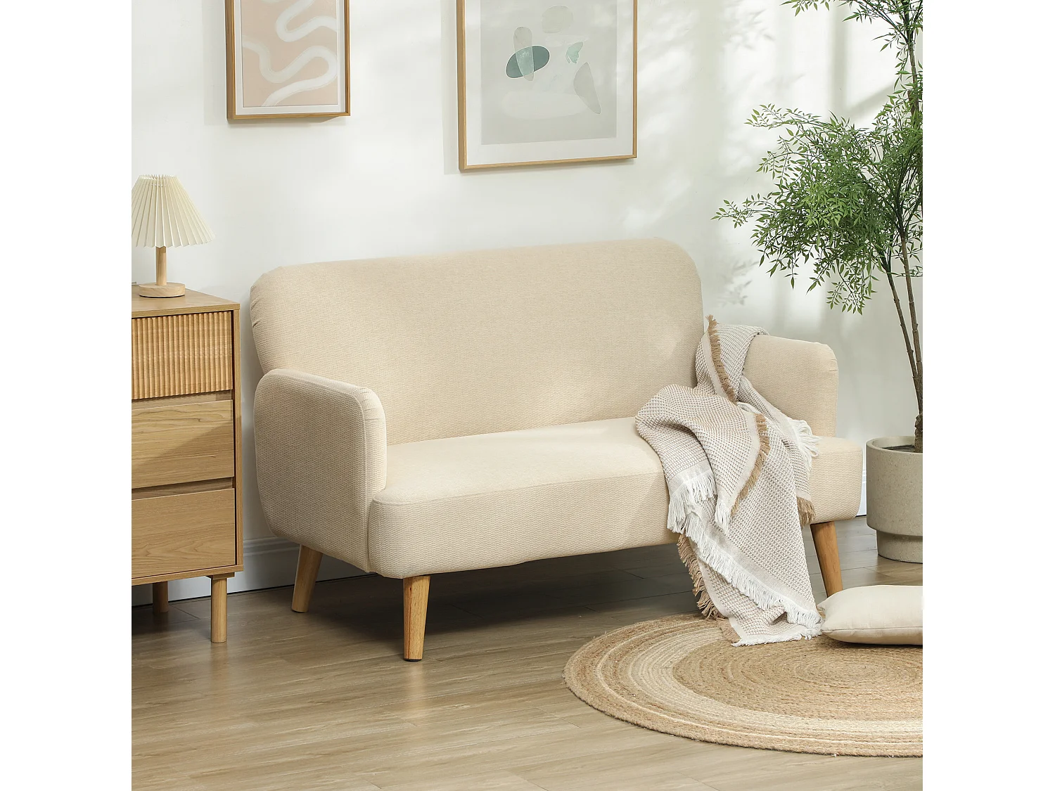 Canapé 2 places style scandinave - canapé droit fixe - piètement bois hévéa tissu beige