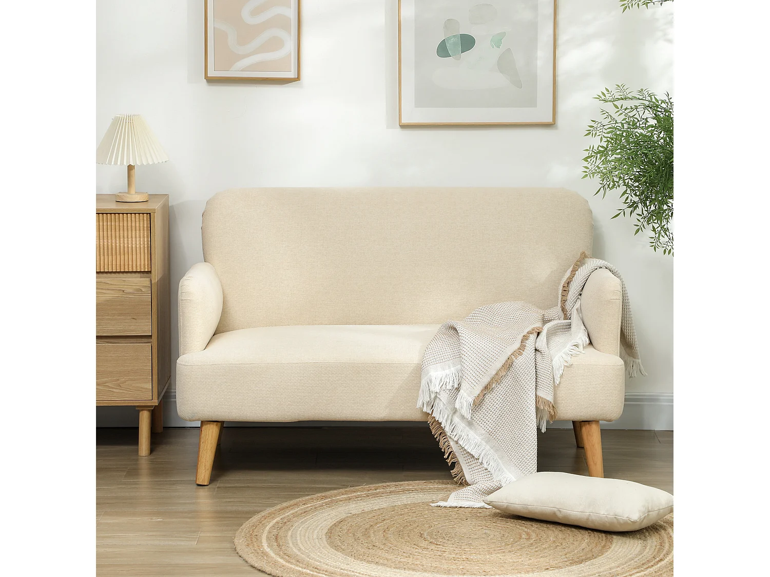 Canapé 2 places style scandinave - canapé droit fixe - piètement bois hévéa tissu beige