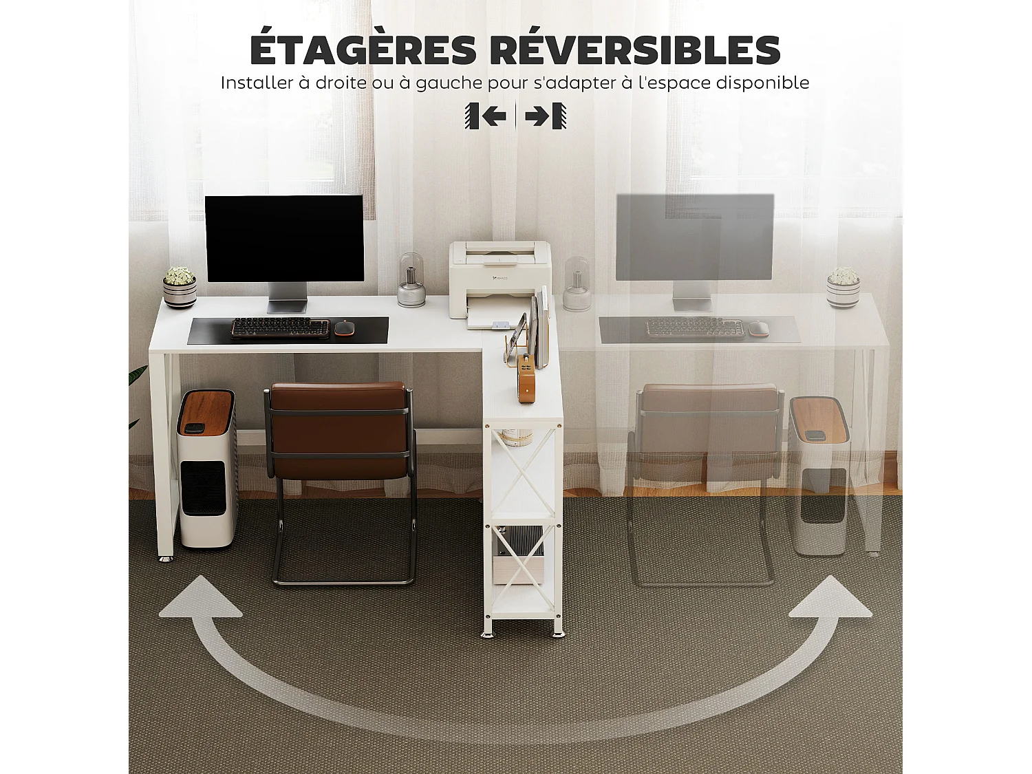 Bureau d'angle modulable design contemporain multi-rangement  - métal panneaux blanc