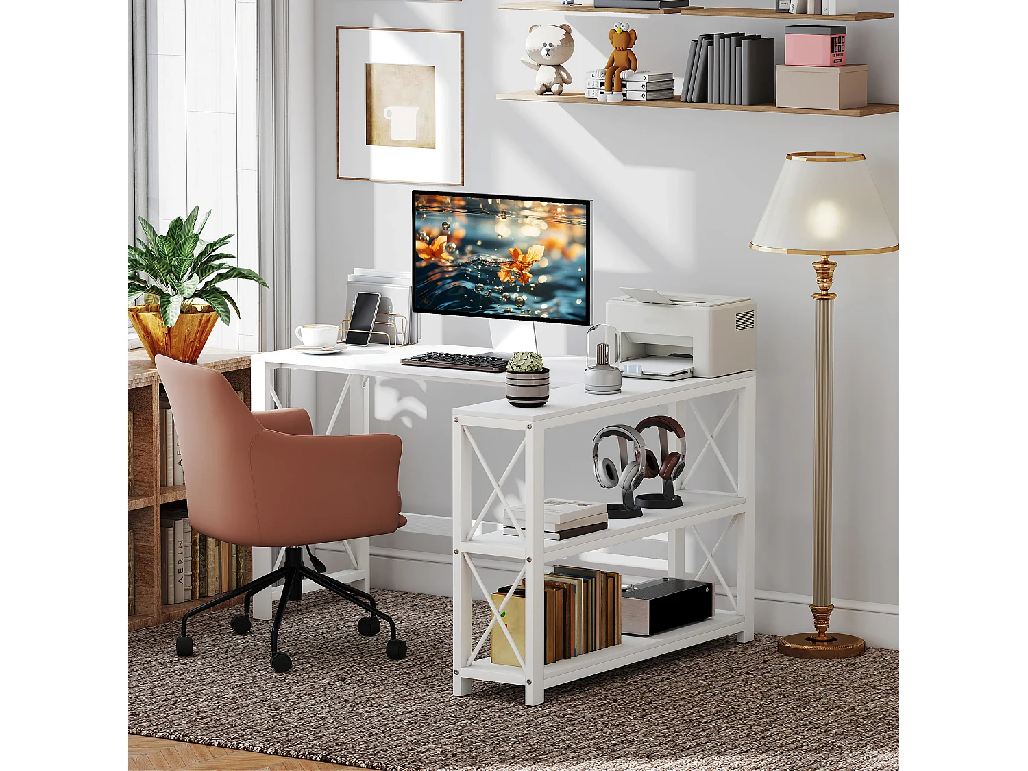Bureau d'angle modulable design contemporain multi-rangement  - métal panneaux blanc
