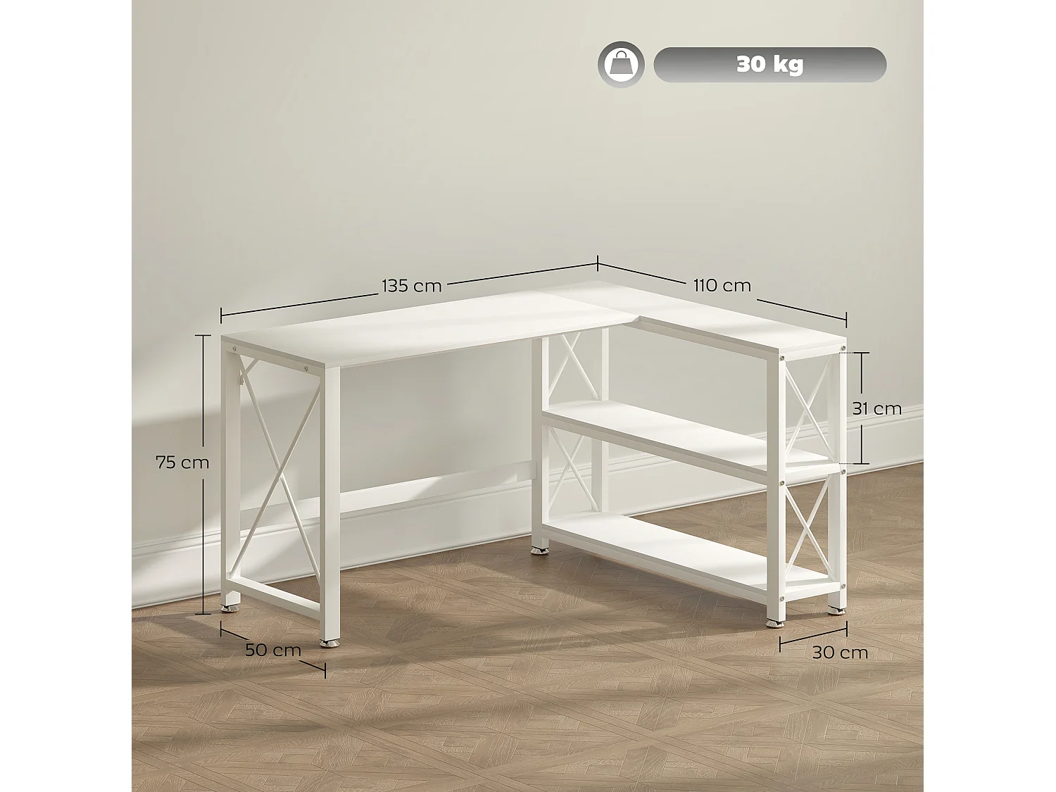 Bureau d'angle modulable design contemporain multi-rangement  - métal panneaux blanc