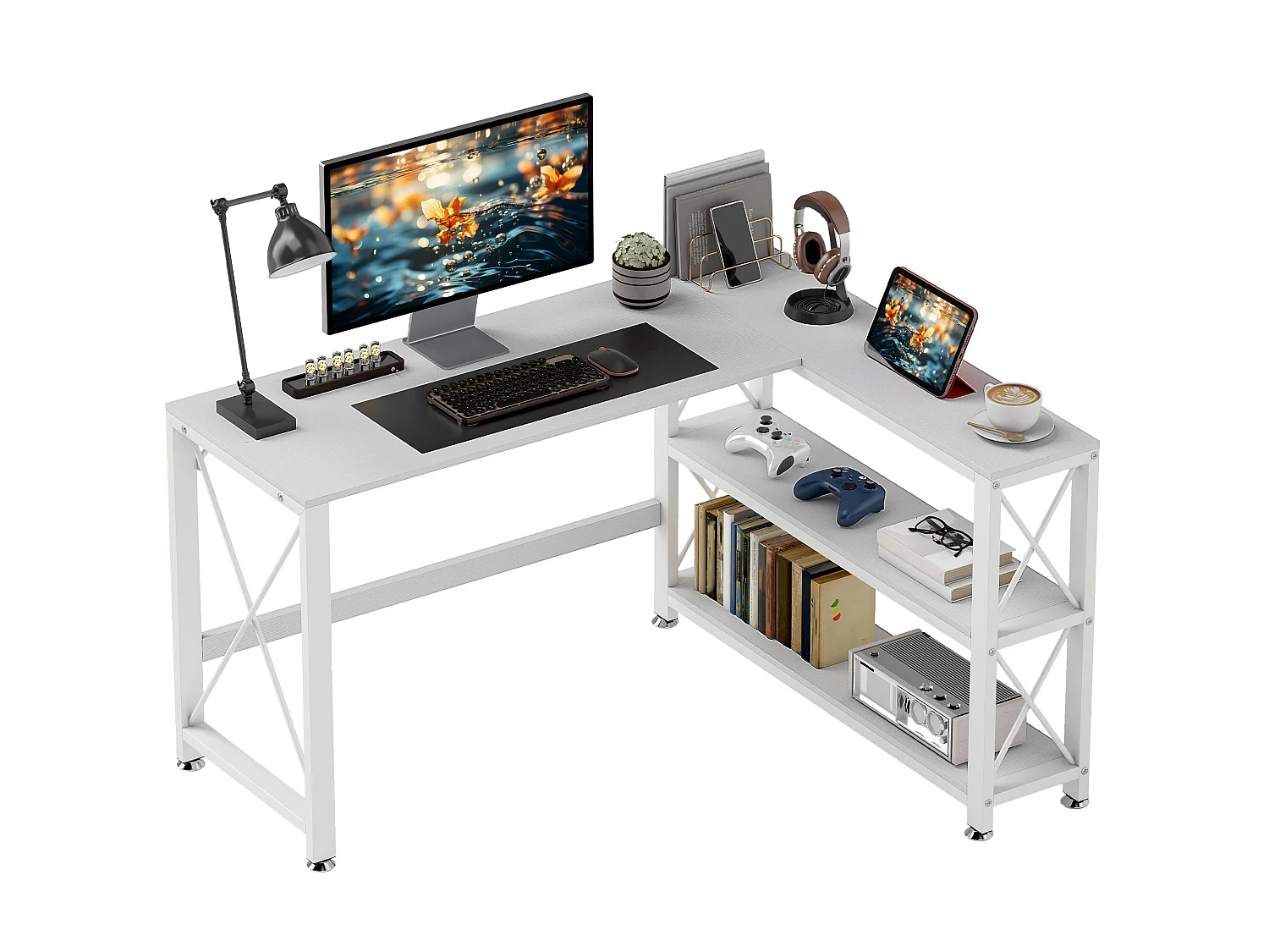 Bureau d'angle modulable design contemporain multi-rangement  - métal panneaux blanc