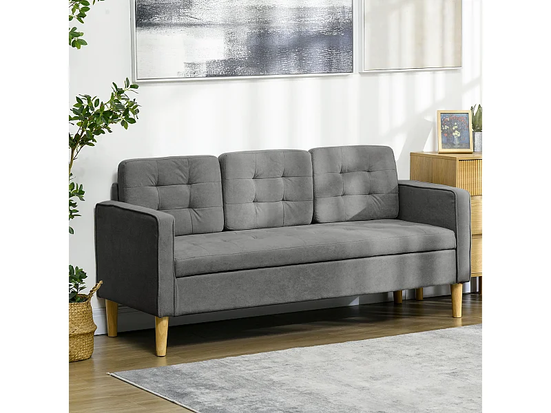 Canapé 3 places style scandinave - coffre rangement intégré - piètement bois effilé tissu gris