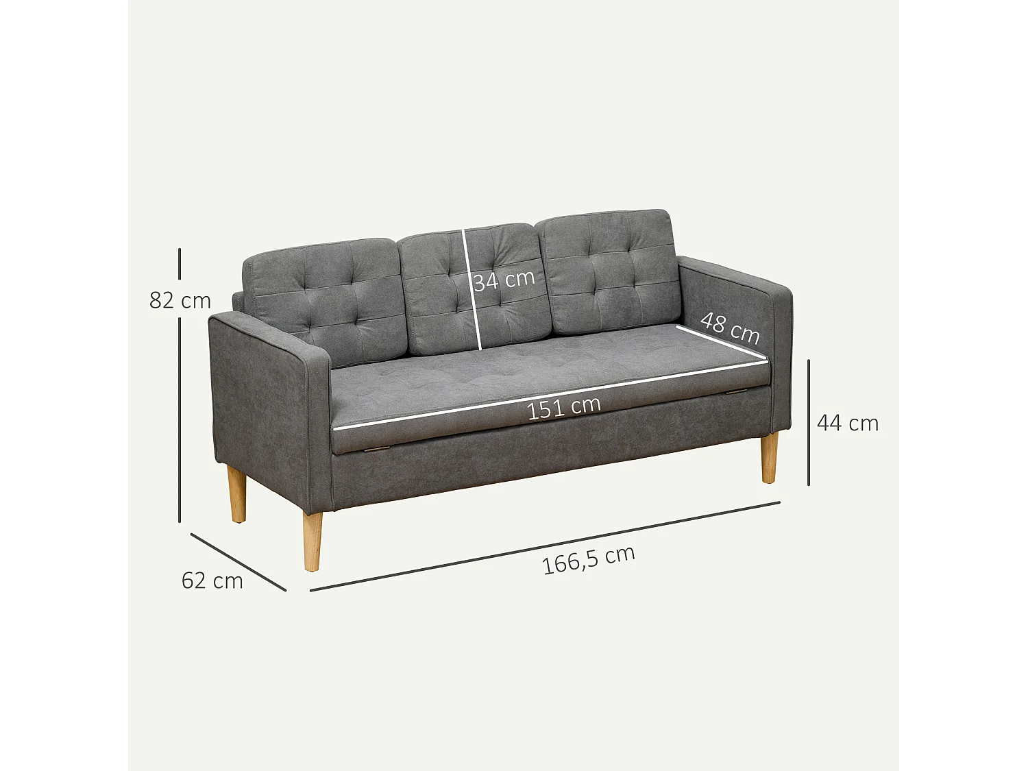 Canapé 3 places style scandinave - coffre rangement intégré - piètement bois effilé tissu gris