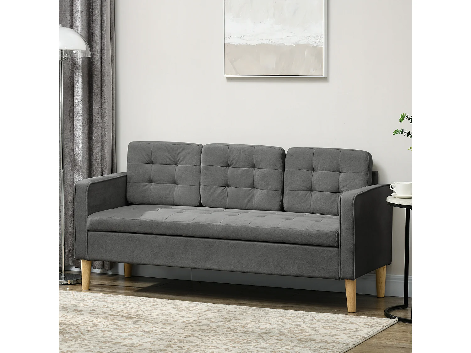 Canapé 3 places style scandinave - coffre rangement intégré - piètement bois effilé tissu gris